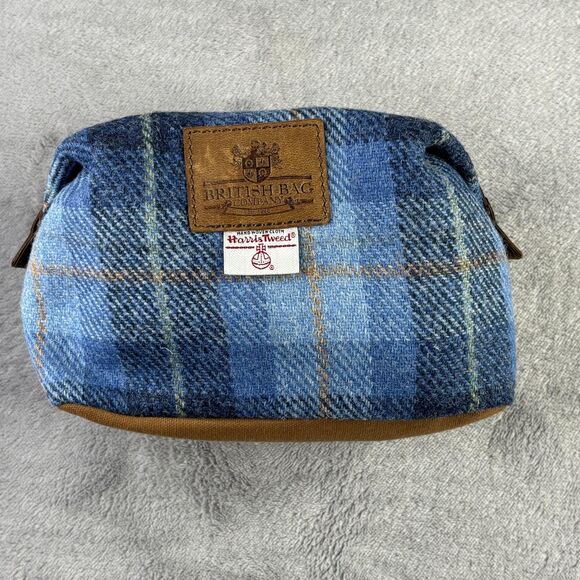 British Bag Company Harris Tweed Wash Bag Dopp Kit Travel Blue Plaid Leather 8x6 - Picture 12 of 15